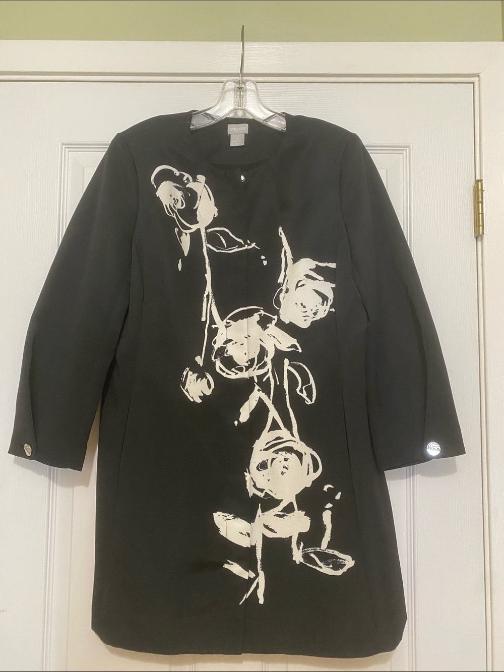 Chico's Black Long Sleeve Coat with White Floral Brushstroke Design